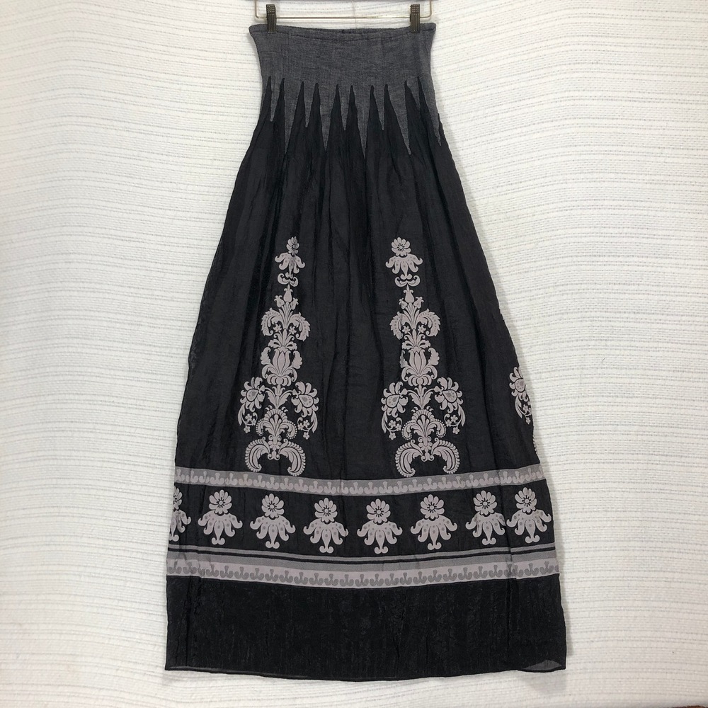 Maxi Skirt Strapless Smocked Bohemian Festival Patterned Black
